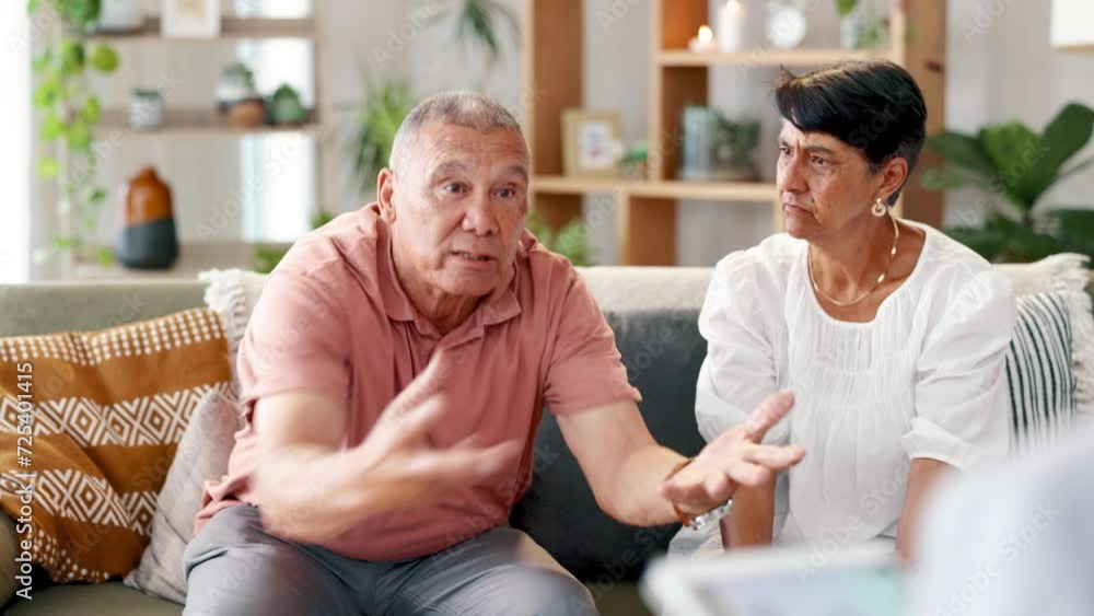 Senior couple, talking and marriage therapist for relationship problem on couch, frustrated and together for help. Wife, husband and counselling for crisis in home, conflict and discussion or upset Senior couple, talking and marriage therapist for relationship problem on couch, frustrated and together for help. Wife, husband and counselling for crisis in home, conflict and discussion or upset