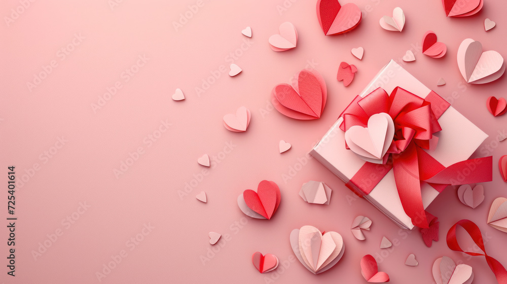 Valentine's Day Love and Gifts. Romantic paper art with heart shapes and a gift box on a pink background.