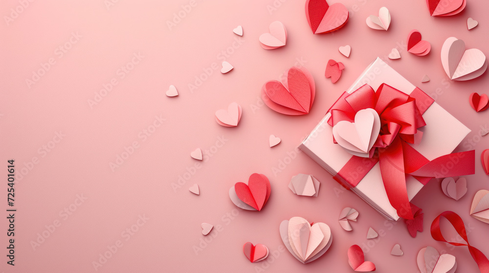 Valentine's Day Love and Gifts. Romantic paper art with heart shapes and a gift box on a pink background. Valentine's Day Love and Gifts. Romantic paper art with heart shapes and a gift box on a pink background.