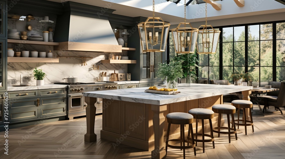 Beige home kitchen interior with bar island, fridge and shelves with kitchenware