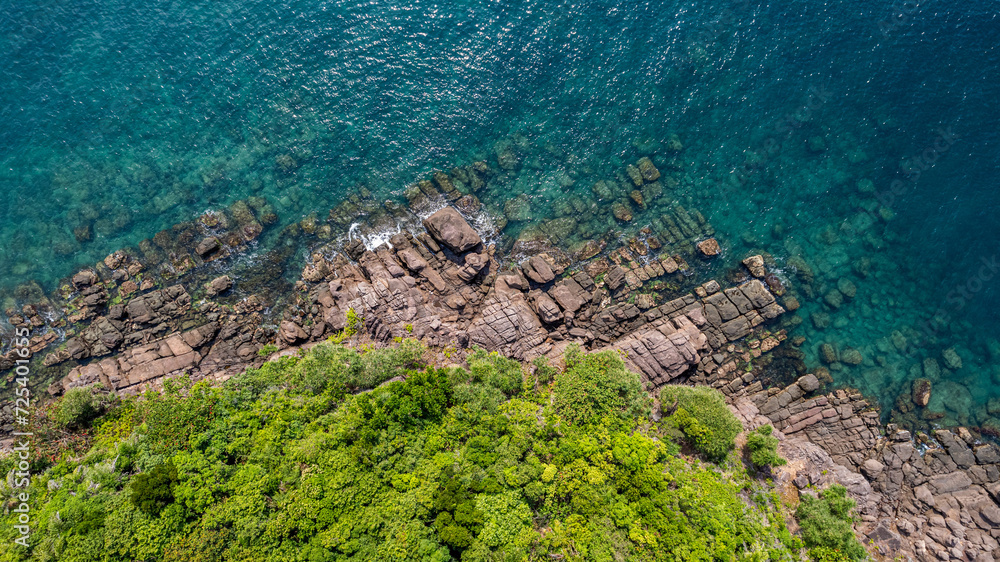 Aerial view of a rocky coastline with clear turquoise water transitioning to dense green vegetation, capturing the natural beauty of a coastal landscape