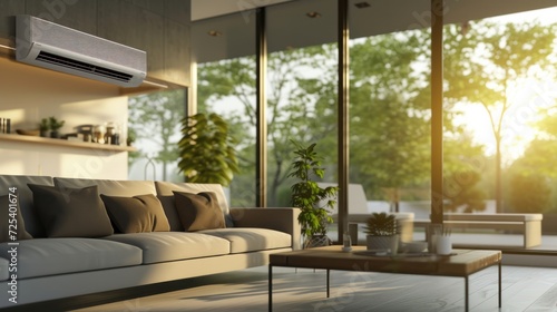 A modern and energy-efficient air conditioner unit seamlessly integrated into a stylish setting, providing cooling comfort without compromising the sleek and pristine ambiance of the interior.