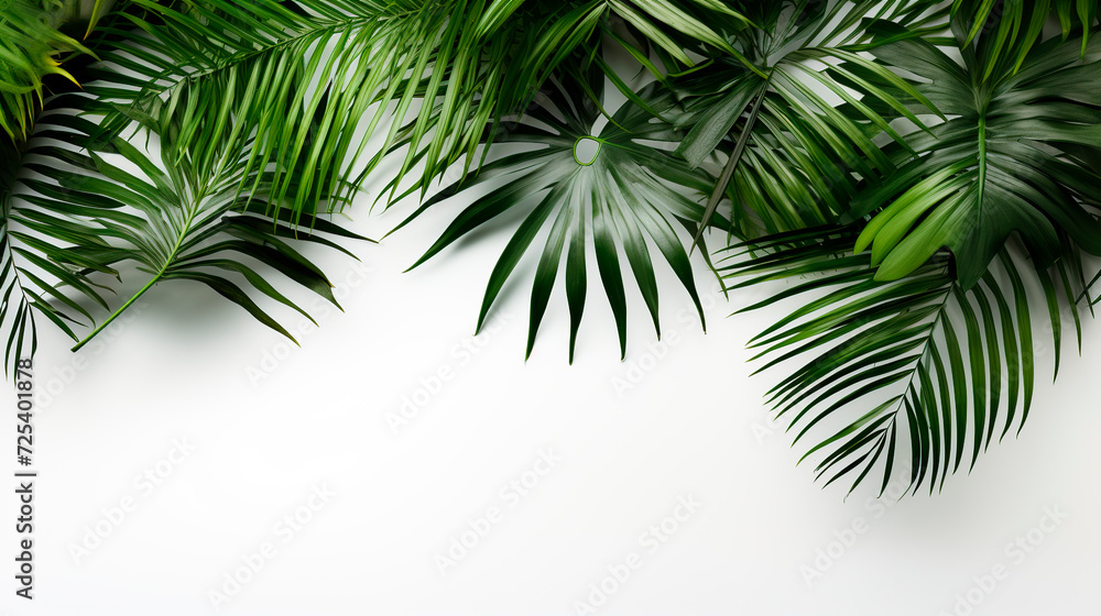 Tropical palm leaves on white background. Top view, flat lay