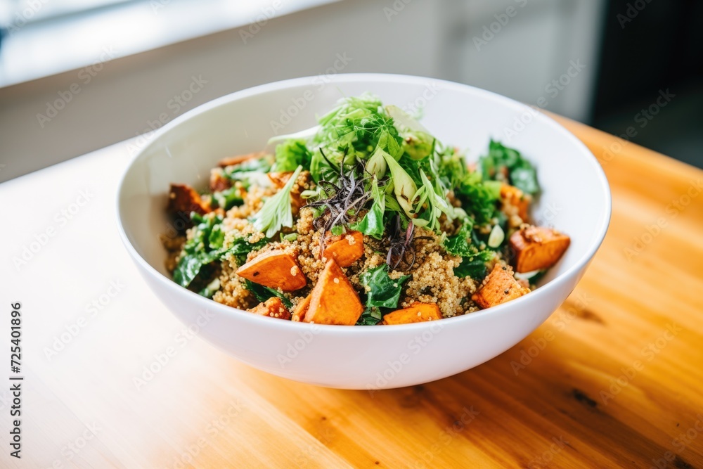 pile of sweet potatoes, quinoa, and leafy greens in a bowl pile of sweet potatoes, quinoa, and leafy greens in a bowl