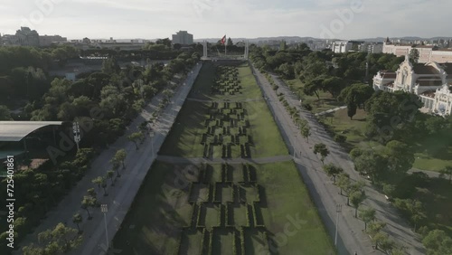 Drone flyover of park Eduardo VII at sunset in Lisbon Portugal photo