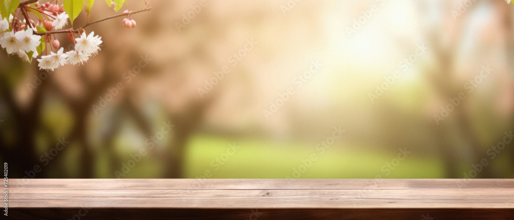 Wooden table spring nature bokeh background, empty wood desk product display mockup with green park sunny blurry abstract garden backdrop landscape ads showcase presentation. Mock up, copy space . Wooden table spring nature bokeh background, empty wood desk product display mockup with green park sunny blurry abstract garden backdrop landscape ads showcase presentation. Mock up, copy space .