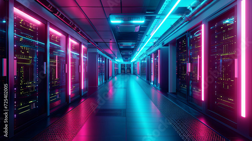 Futuristic data center with rows of servers and vibrant neon pink and blue lighting, concepts of technology, cybersecurity, and modern infrastructure