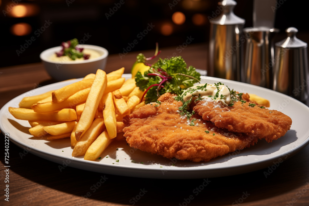 Professionally plated schnitzel with french fries and sauce in restaurant in Germany. Generative AI tools Professionally plated schnitzel with french fries and sauce in restaurant in Germany. Generative AI tools