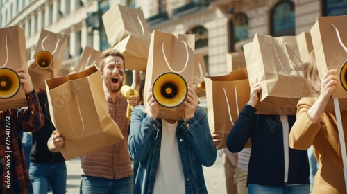 An outraged and disappointed crowd of anonymous adults donning shopping bags as disguises on their heads passionately protests. Armed with megaphones and loudspeakers, they vocalize their demands for  photo