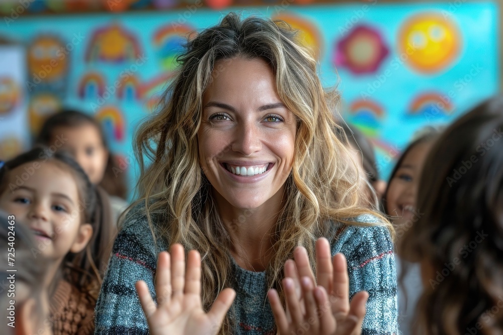 Fototapeta premium An excited teacher high-fiving kindergarten children, celebrating success at a festive event.