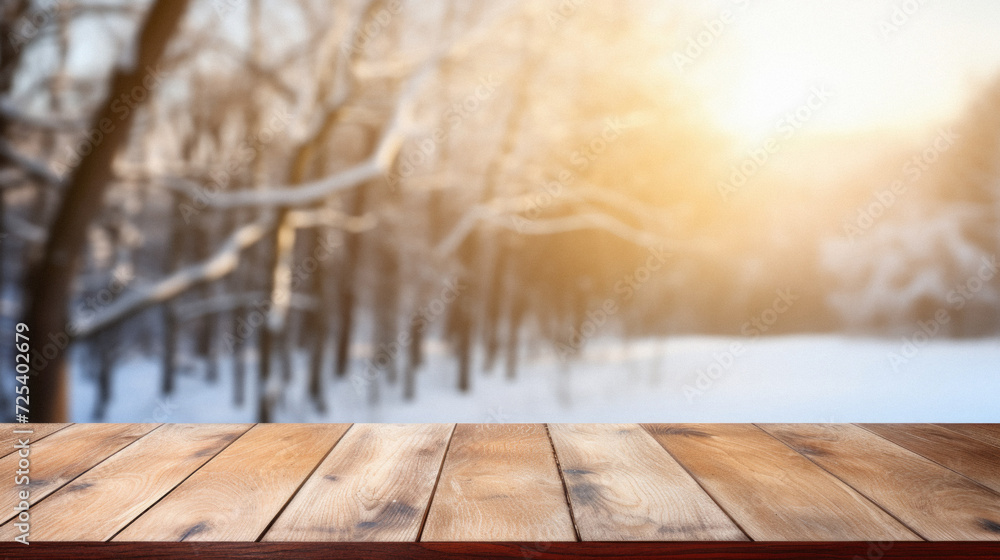 Wooden table snowy trees winter nature bokeh background, empty wood desk product display mockup snow landscape blurry abstract backdrop ads showcase Christmas time presentation. Mock up, copy space Wooden table snowy trees winter nature bokeh background, empty wood desk product display mockup snow landscape blurry abstract backdrop ads showcase Christmas time presentation. Mock up, copy space