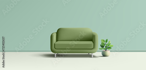 Modern realistic green sofa and potted plant. 3D. For relaxation concepts at home, office, or beauty salon. Development and interior design. Vector