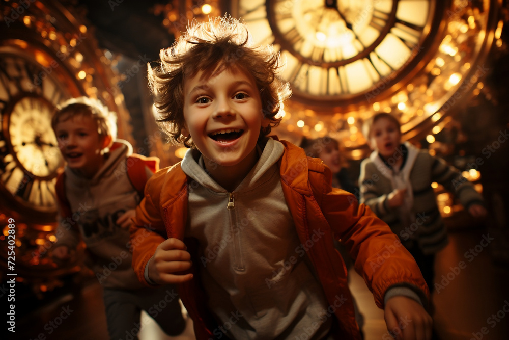 happy smiling boy runs through the night city against the backdrop of a large clock. The boys run away. Children grow up quickly. Life flies fast