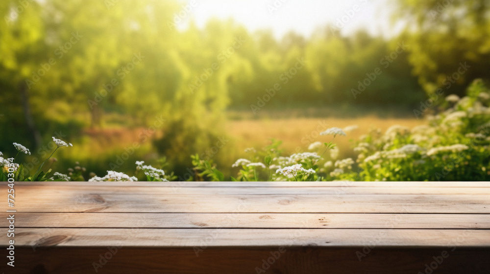 Wooden table spring nature bokeh background, empty wood desk product display mockup with green park sunny blurry abstract garden backdrop landscape ads showcase presentation. Mock up, copy space .