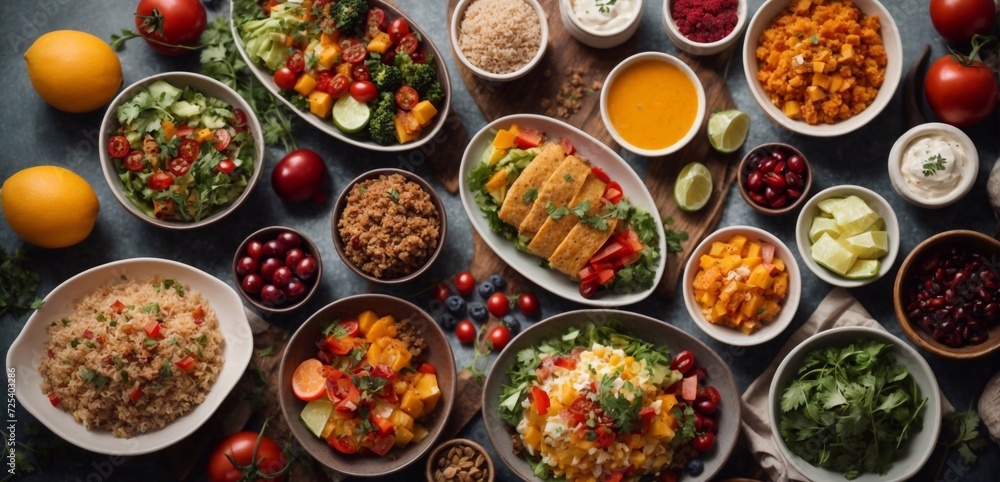 variety of dishes on plates on a dark surface
variety of dishes on plates on a dark surface