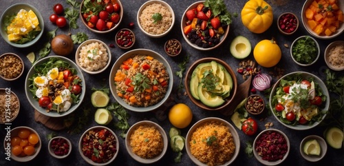 variety of dishes on plates on a dark surface 