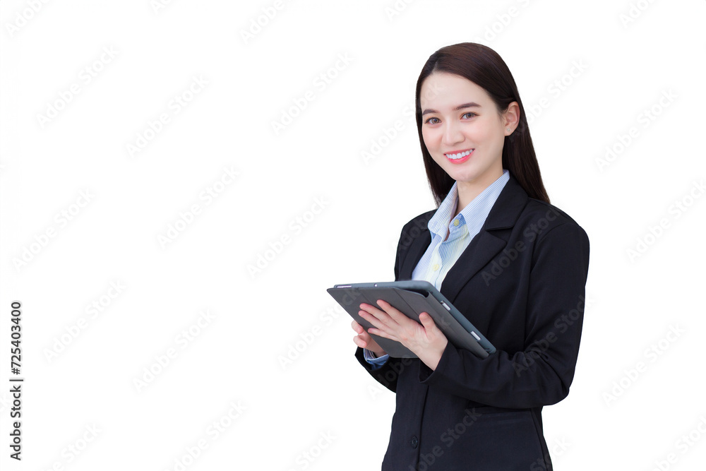 Asian professional working woman in black suit confidently holds tablet in hand and smiles in office roomwhile isolated on white background. Asian professional working woman in black suit confidently holds tablet in hand and smiles in office roomwhile isolated on white background.