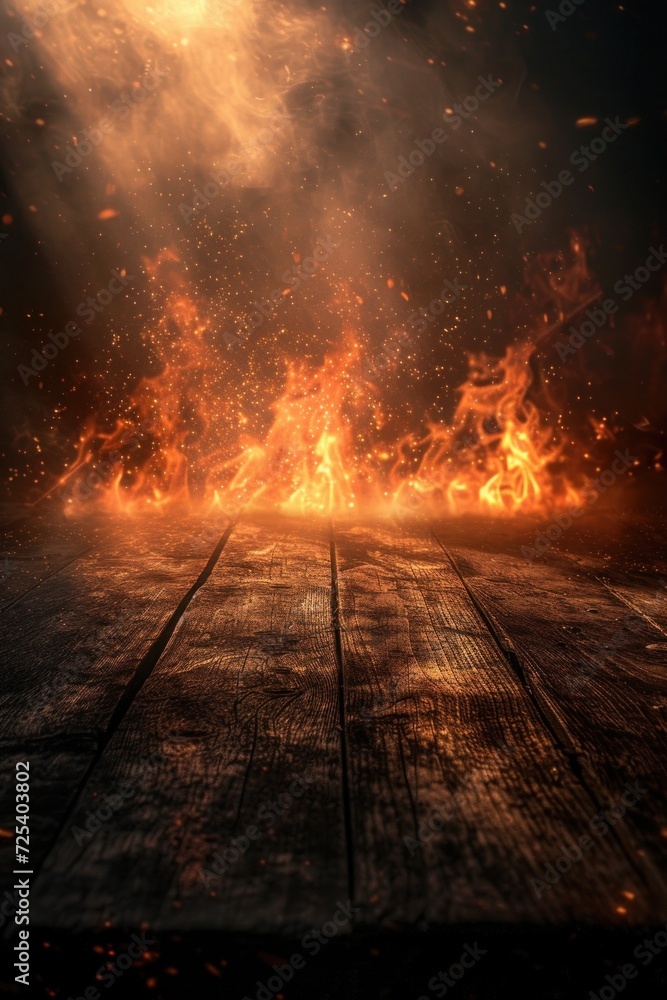 Naklejka premium Intense Flames Engulfing a Wooden Surface Against a Dark, Ember-Filled Background