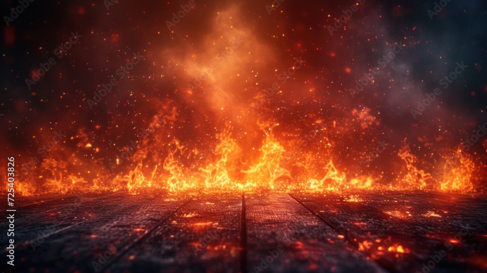 Intense Flames Engulfing a Wooden Surface Against a Dark, Ember-Filled Background