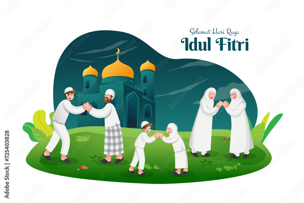 Selamat hari raya Idul Fitri is another language of happy eid mubarak in Indonesian. Cartoon muslim family celebrating Eid al fitr on blue background Selamat hari raya Idul Fitri is another language of happy eid mubarak in Indonesian. Cartoon muslim family celebrating Eid al fitr on blue background