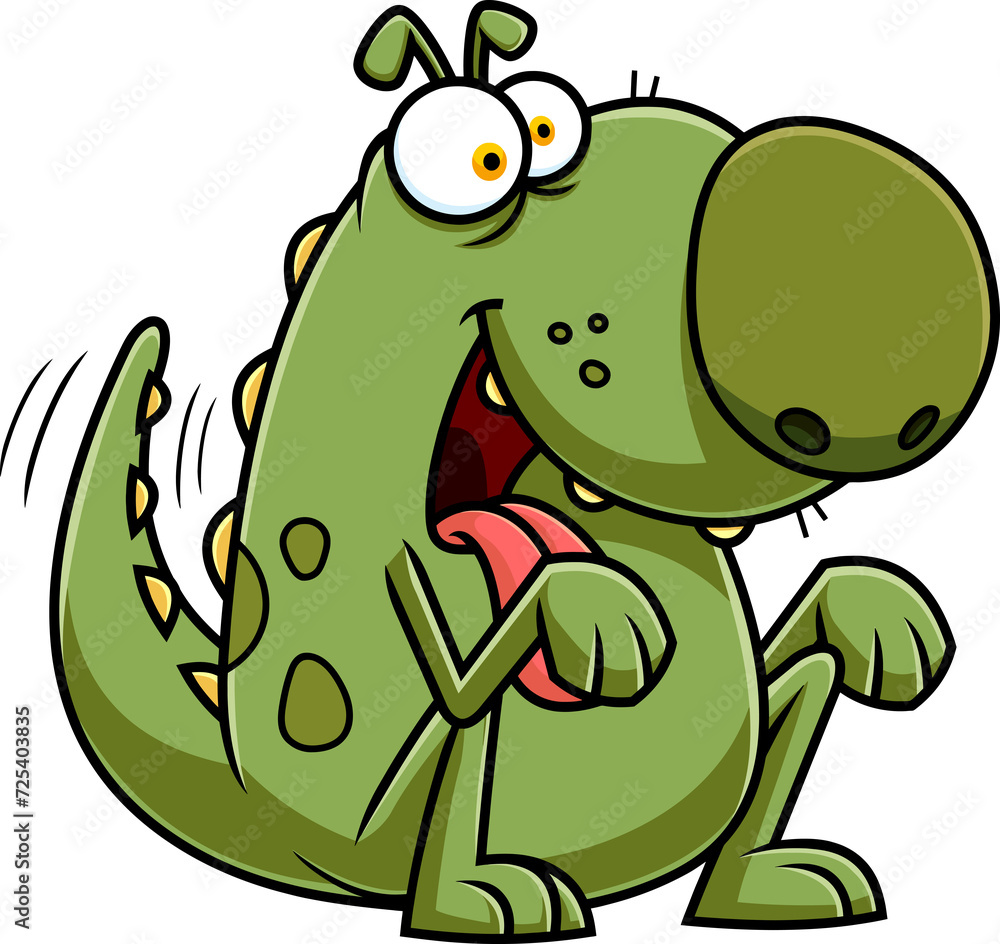 Fototapeta premium Happy Green Dino Dog Cartoon Character Begging. Illustration Isolated On Transparent Background
