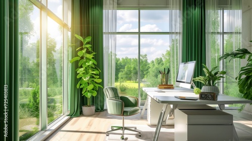Bright office with green curtains and nature view, office chair and lamp on the desk