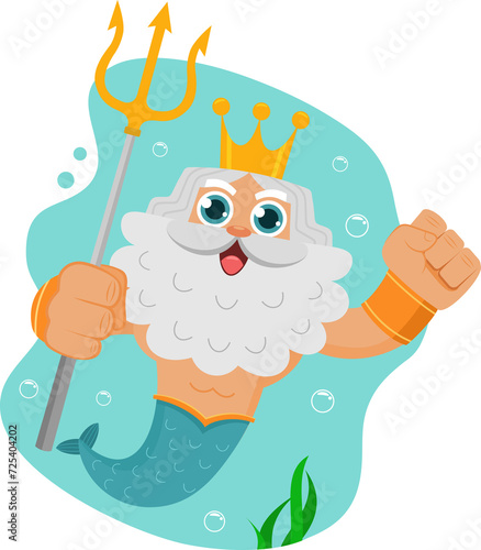 Sea God Poseidon Neptune Cartoon Character Swims Underwater With Trident. Illustration Isolated On Transparent Background