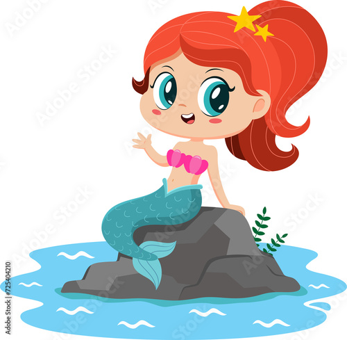 Cute Little Mermaid Girl Cartoon Character Sitting On A Rock And Waving. Illustration Isolated On Transparent Background