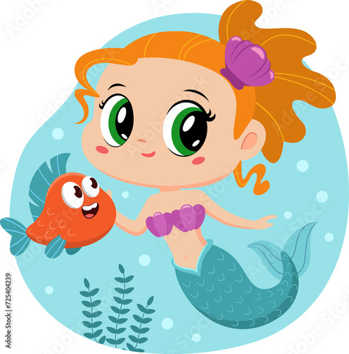 Cute Little Mermaid Girl Cartoon Character Swims Underwater With Fish. Illustration Isolated On Transparent Background