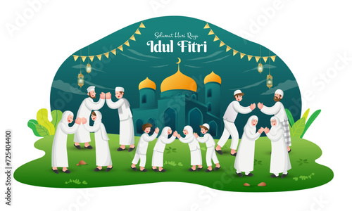 Selamat hari raya Idul Fitri is another language of happy eid mubarak in Indonesian. Cartoon muslim family celebrating Eid al fitr on blue background