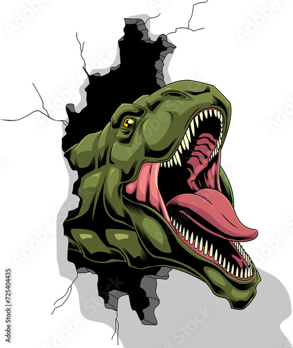 T-Rex Dinosaur Breaks The Wall Graphic Design. Illustration Isolated On Transparent Background