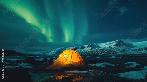 Camping under beautiful aurora lights at night