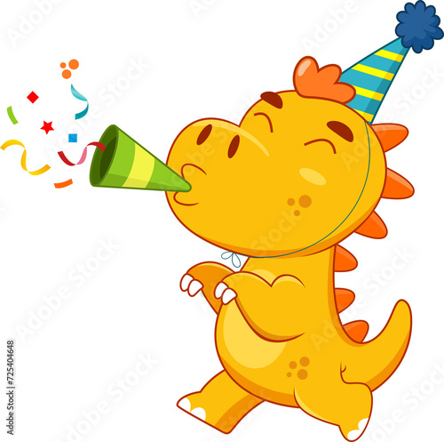 Happy Birthday Dinosaur Cartoon Character At A Party. Illustration Isolated On Transparent Background