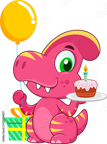 Funny Dinosaur Cartoon Character Wearing A Party Hat And Holding A Birthday Cake. Illustration Isolated On Transparent Background