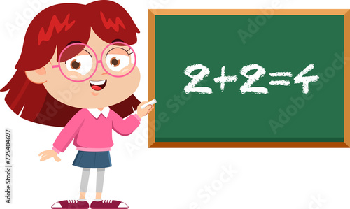 Smiling School Girl Cartoon Character Writing On Blackboard. Illustration Isolated On Transparent Background
