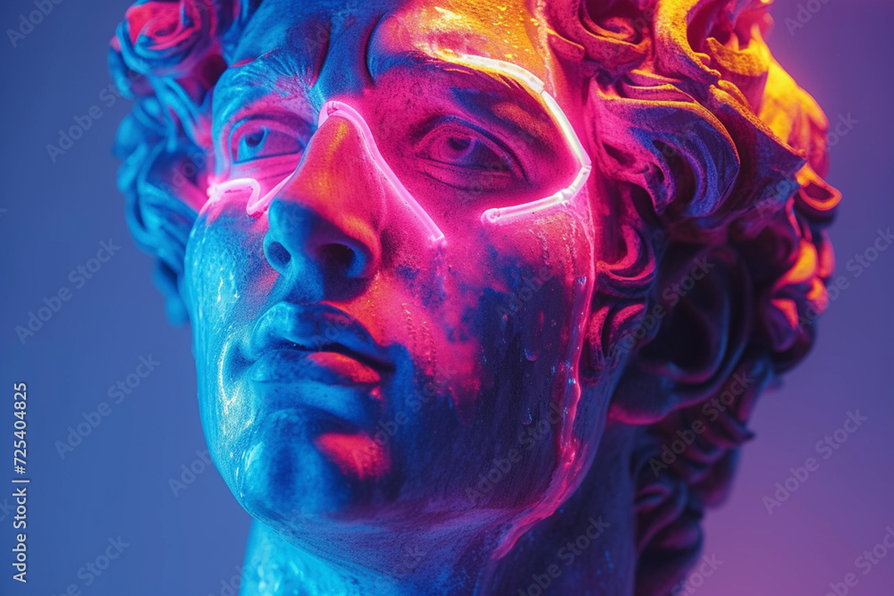 Classic roman Appolo sculpture in neon bright light Classic roman Appolo sculpture in neon bright light