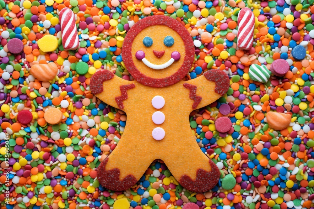 gingerbread man surrounded by colorful sprinkles