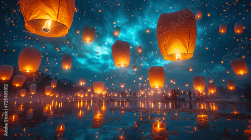 Lanterns in the Night Sky Glowing Lanterns Rise in the Blue Night Sky 