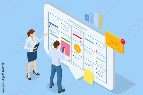 Isometric Business Project Management System. Project manager updating tasks and milestones progress planning. Digital Calendar Schedule.Scrum task board