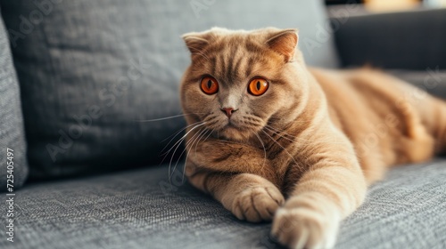 Adorable red Scottish Fold cat with orange eyes lounging on a gray textile sofa at home. A soft, fluffy, purebred short-haired, straight-eared kitty enjoys a cozy moment.