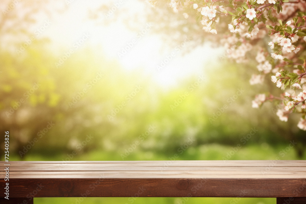 Wooden table spring nature bokeh background, empty wood desk product display mockup with green park sunny blurry abstract garden backdrop landscape ads showcase presentation. Mock up, copy space . Wooden table spring nature bokeh background, empty wood desk product display mockup with green park sunny blurry abstract garden backdrop landscape ads showcase presentation. Mock up, copy space .