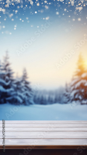 Wooden table snowy trees winter nature bokeh background, empty wood desk product display mockup snow landscape blurry abstract backdrop ads showcase Christmas time presentation. Mock up, copy space