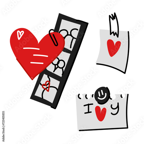 Set of Valentine's Day postcards, photo strips from a photo booth, a piece of paper with the inscription doodle. A photo card, a note, hearts. Valentine's Day reminders. Cute notes, reminders