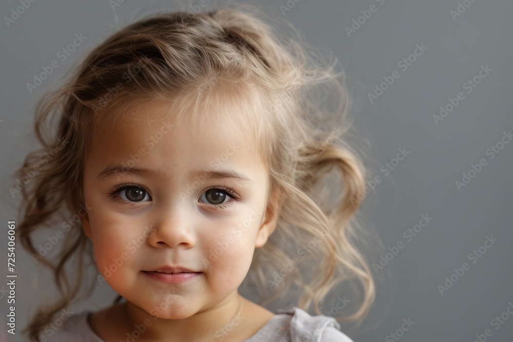 Little cute girl on grey studio background. Minimalism. Concept of childhood, emotions, fun, fashion, lifestyle, facial expression, birthday party. AI generated Little cute girl on grey studio background. Minimalism. Concept of childhood, emotions, fun, fashion, lifestyle, facial expression, birthday party. AI generated