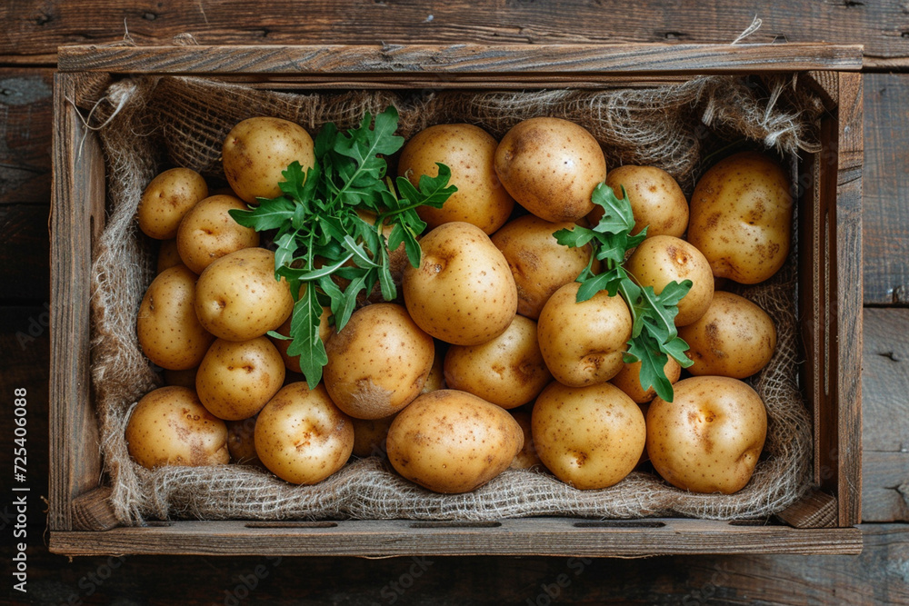 Above view on potatoes in wooden box Above view on potatoes in wooden box