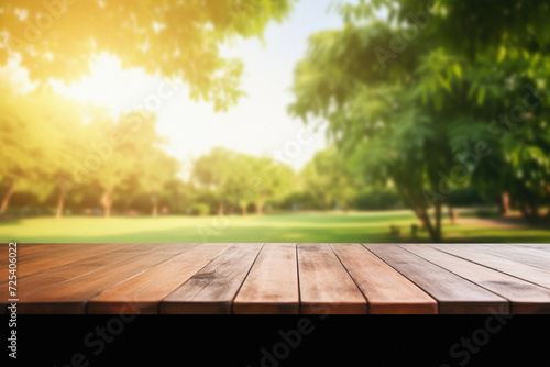 Wooden table spring nature bokeh background  empty wood desk product display mockup with green park sunny blurry abstract garden backdrop landscape ads showcase presentation. Mock up  copy space .