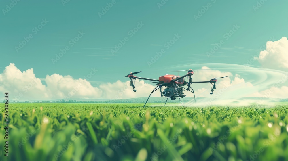 Illustration of drone spreading chemicals on green field against cloudless sky