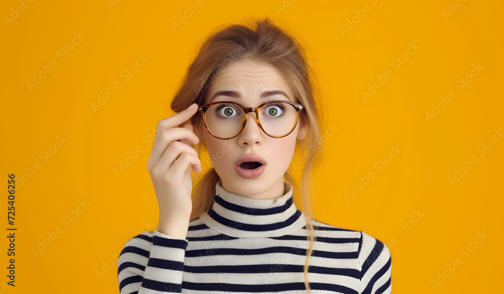 Surprised young woman with red glasses against an orange background. Surprised young woman with red glasses against an orange background.