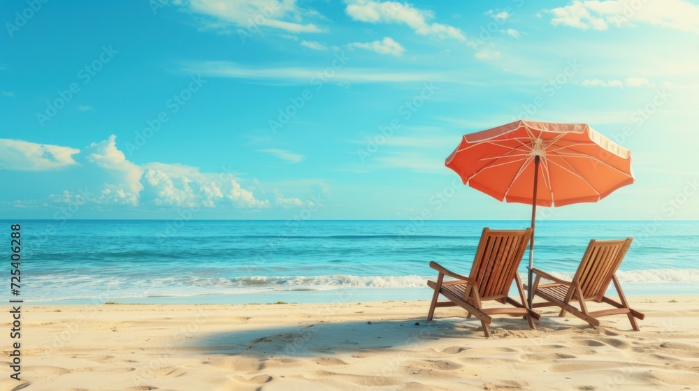 Lounge chairs on the beach. beach chair and umbrella, vacation background