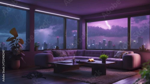 modern living room with sofa, thunderstorm, rain outside. Loop animation, stream overlay background. vtuber asset twitch zoom OBS screen live wallpaper. anime study chill hip hop video. photo
